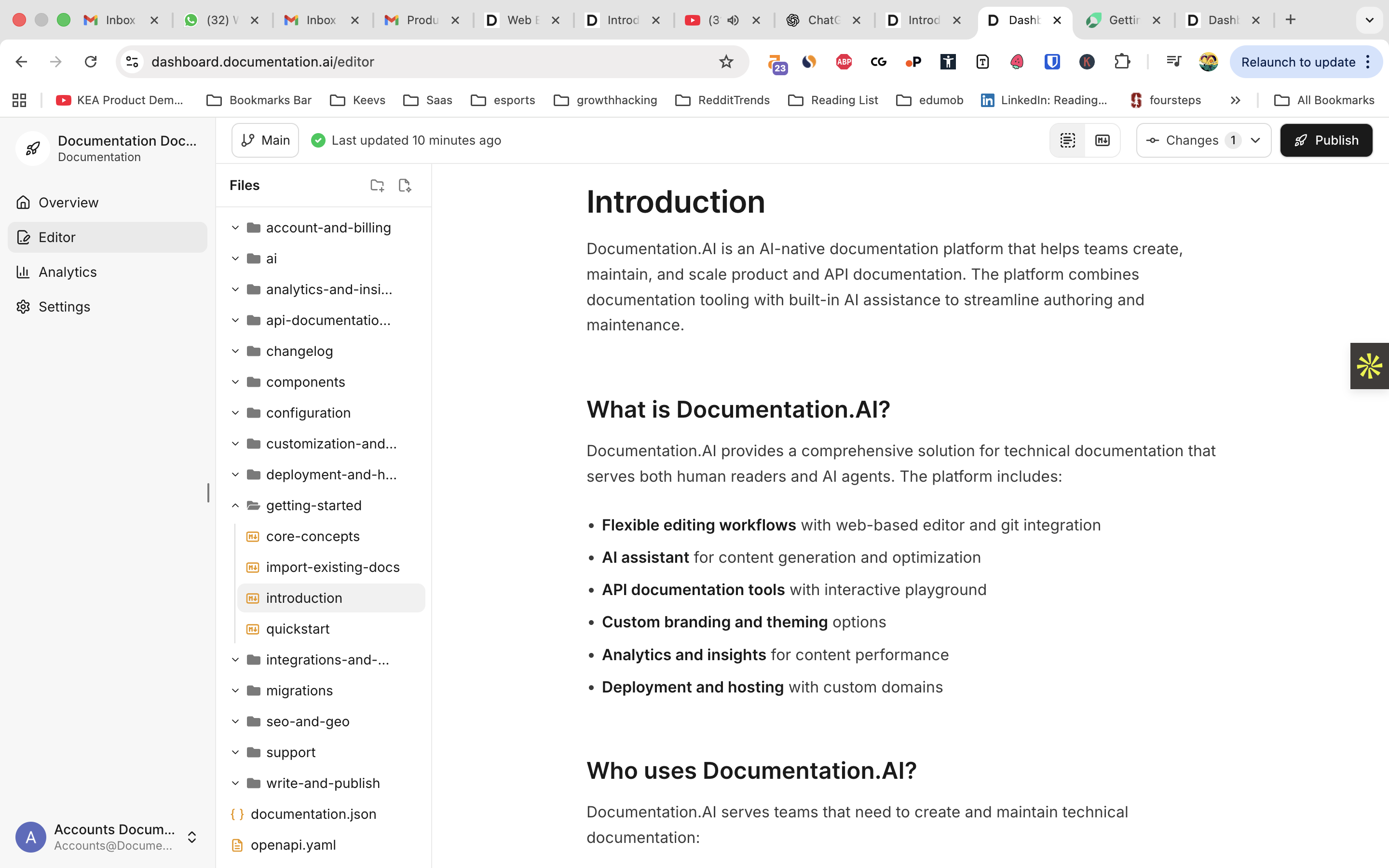 Screenshot of Documentation.AI web editor in visual mode showing the block-based interface with content blocks and formatting toolbar