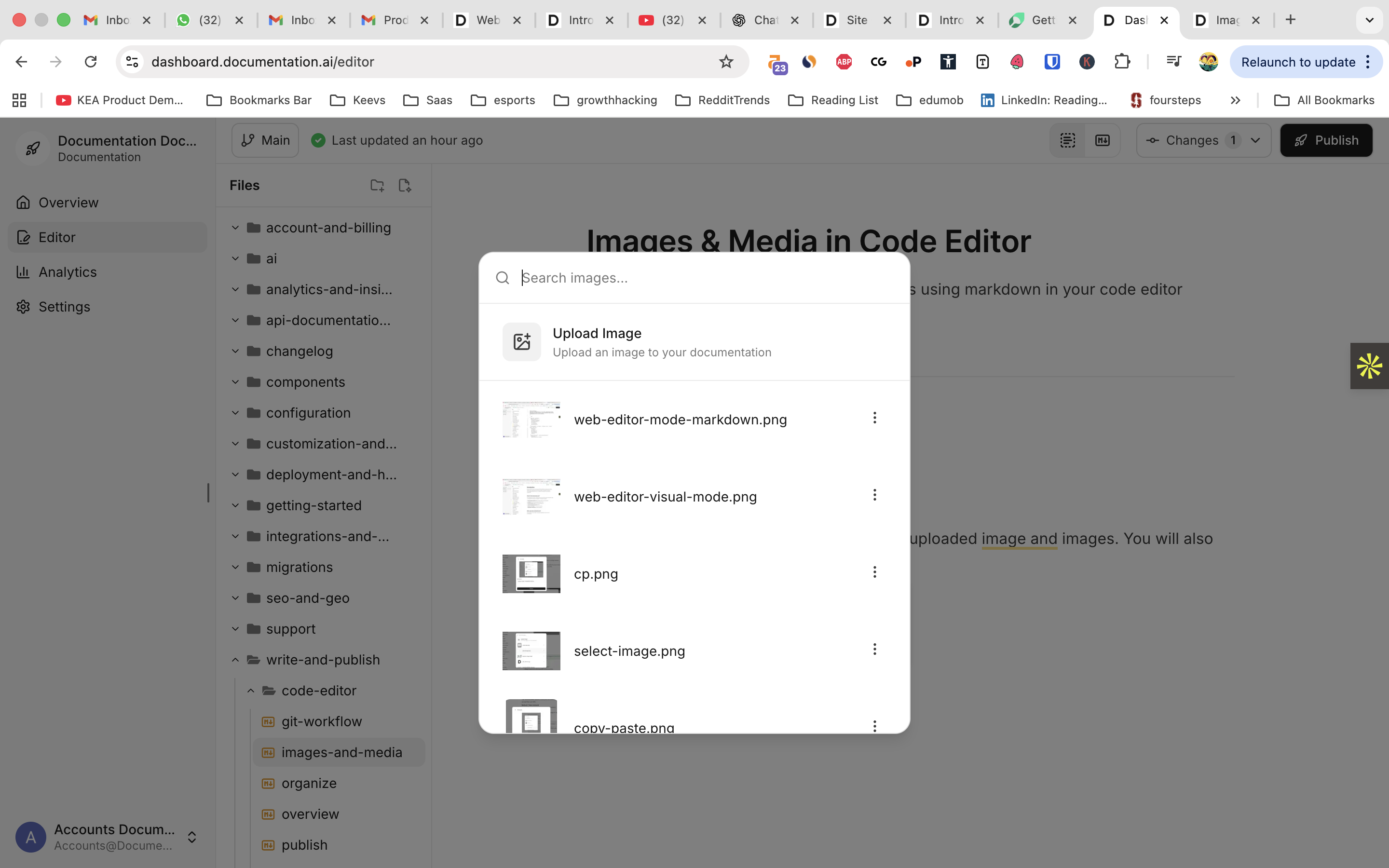 Screenshot of Documentation.AI web editor showing the slash command menu with image upload options